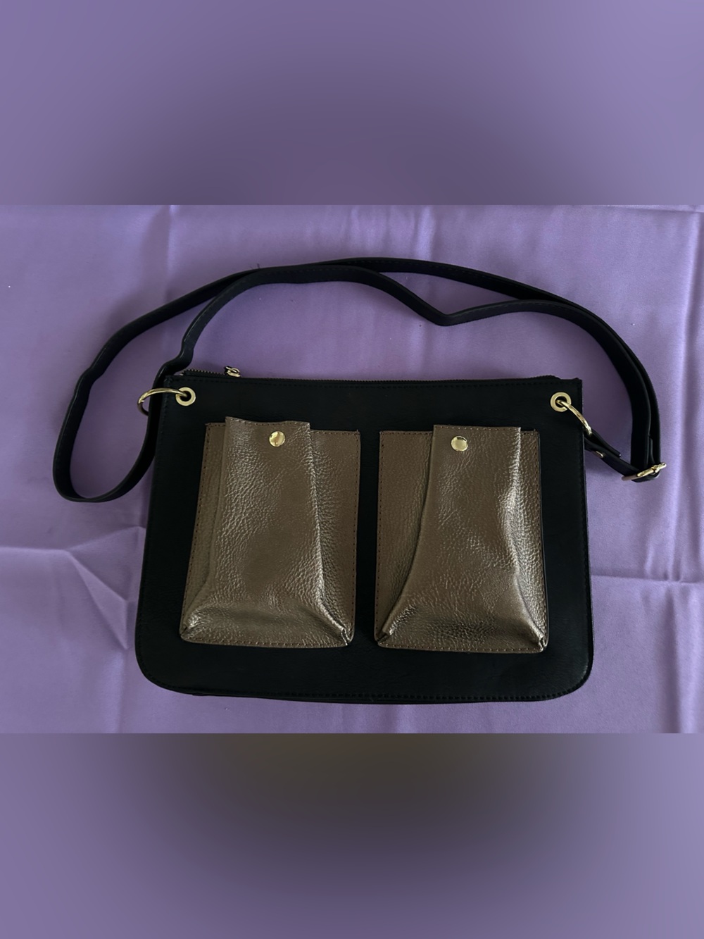 Neiman Marcus Black Crossbody Bag with Metallic Gold Front Pockets